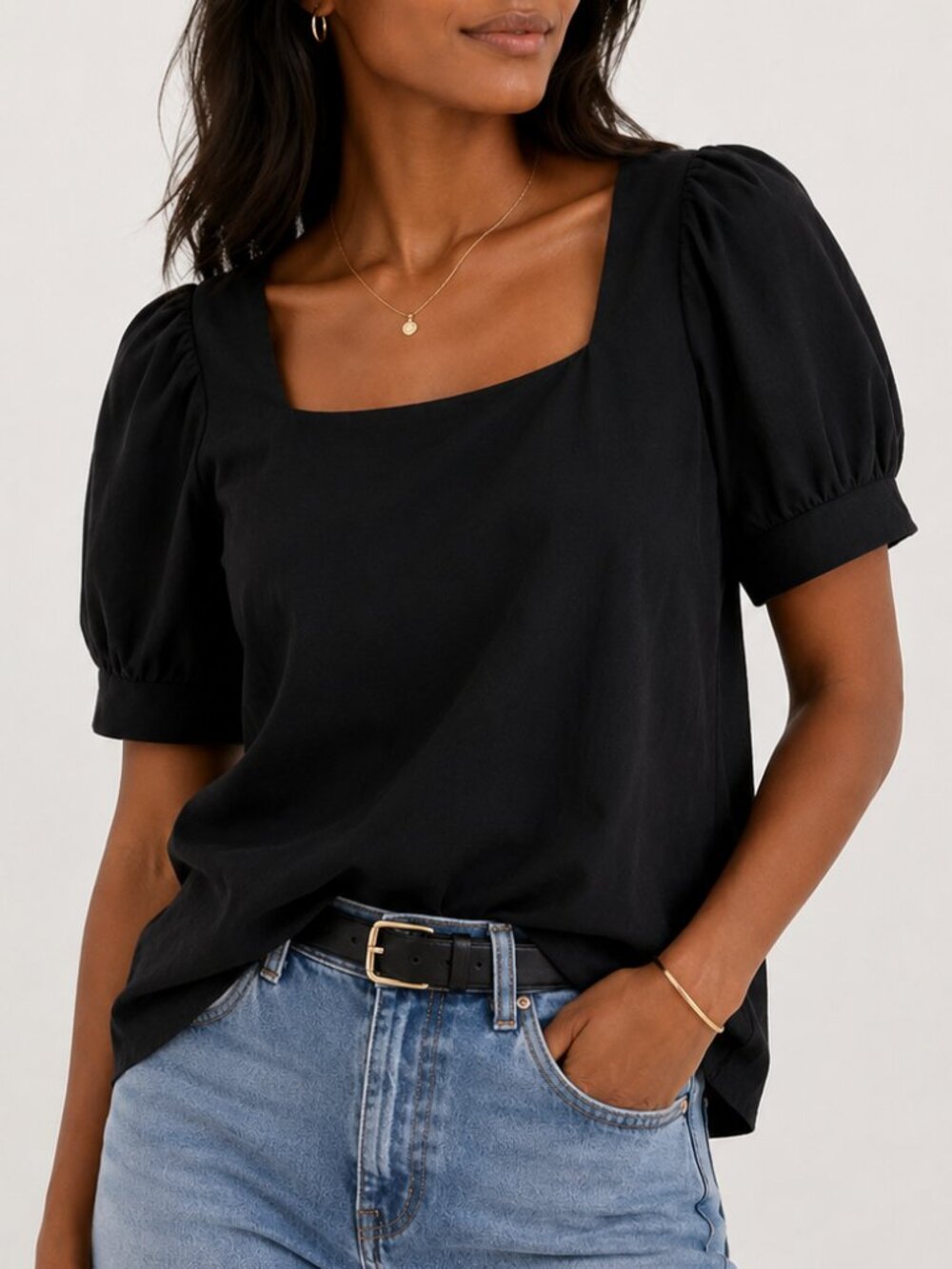Black Puff Sleeve Square Neck Smart Casual Top Size S